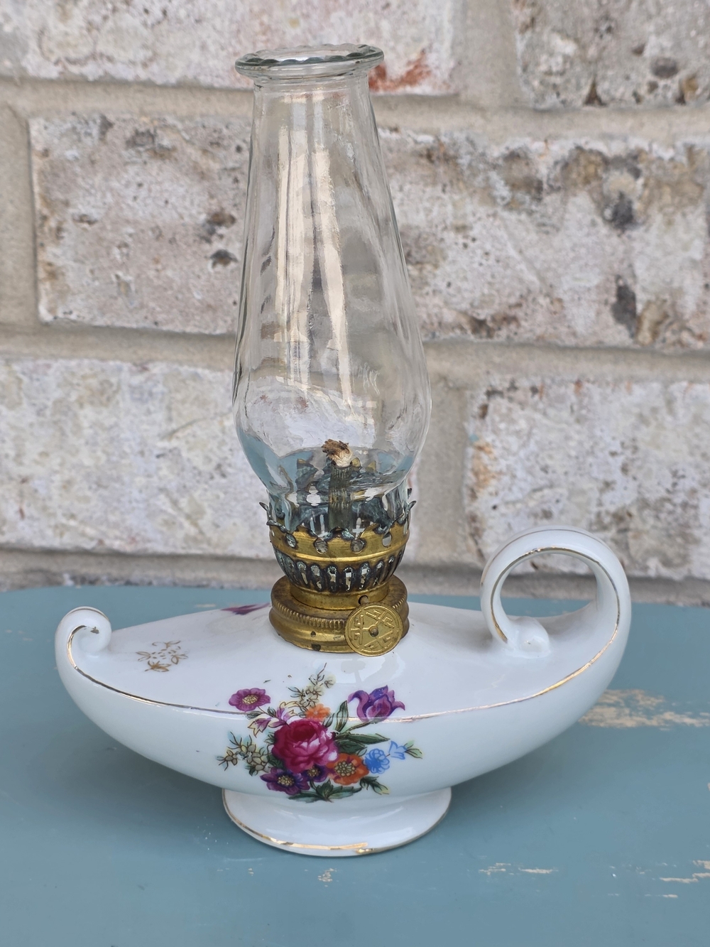 Vintage Made in Japan Miniature Porcelain Oil Lamp with Glass Chimney